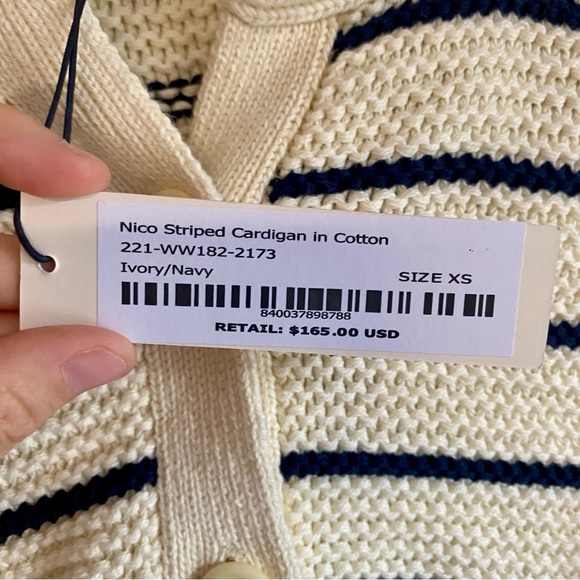 Alex Mill Nico Crewneck Cotton Cardigan Sweater Ivory Navy XS - Picture 10 of 11